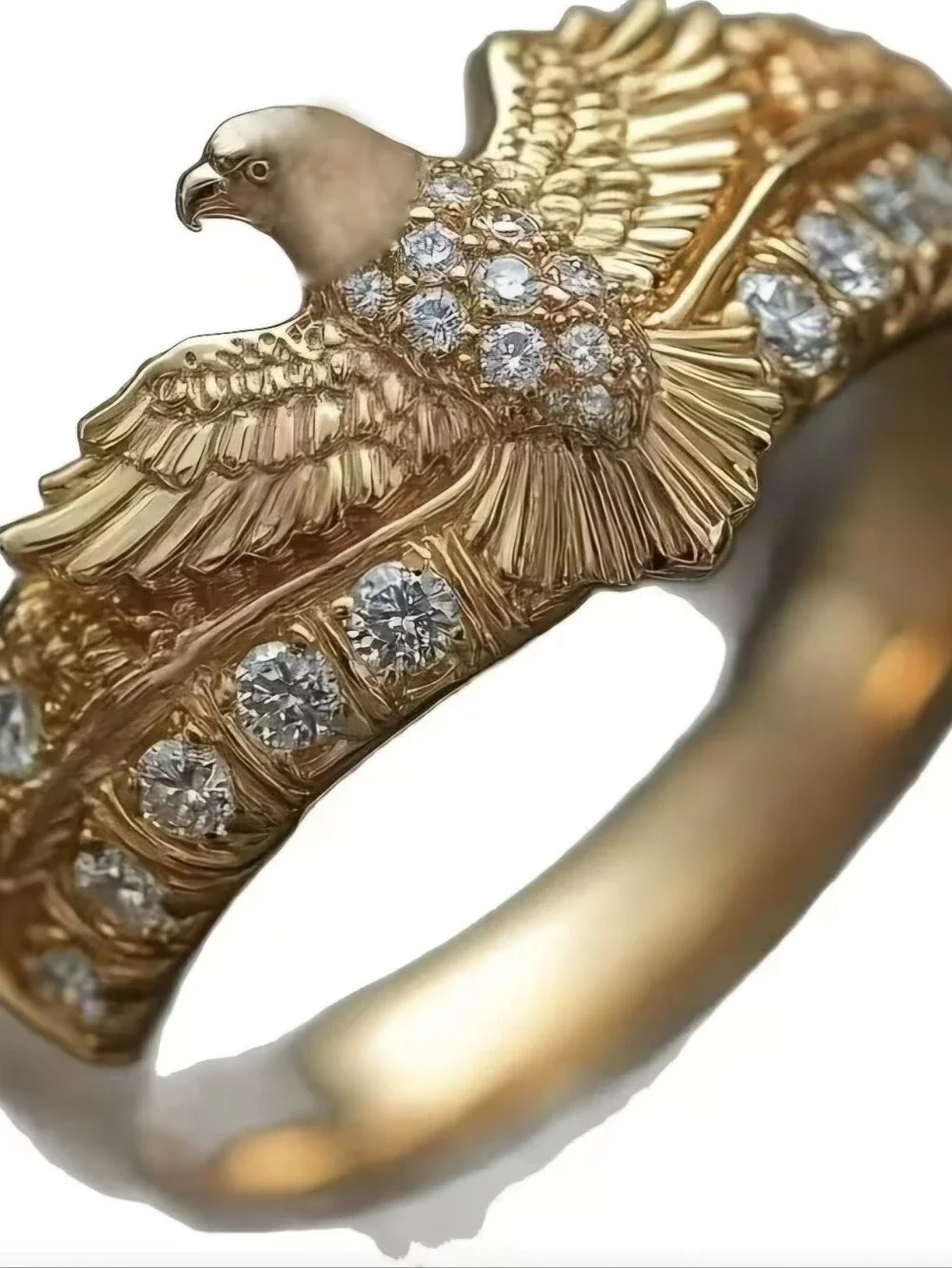 MENS GOLD VERMEIL EAGLE OUTSTRETCHED ENGRAVED  WINGS CZ ACCENT NEW SIZE 10 RING